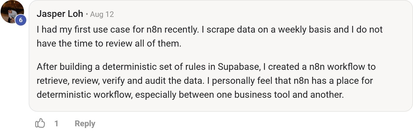 Skool comment by Jasper Loh about Supabase: Reviewing and auditing scraped data
