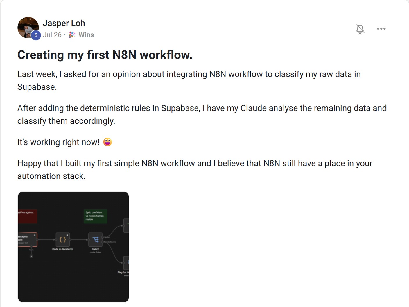 Skool post by Jasper Loh about Supabase: Classifying records in a first workflow