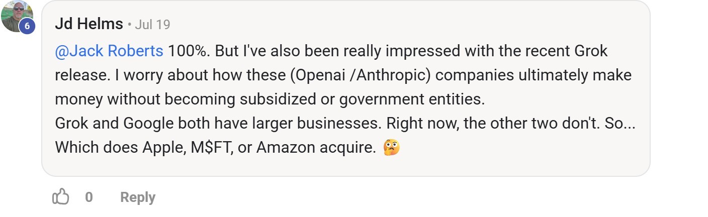 Skool comment by Jd Helms about xAI: Member opinion on a Grok release