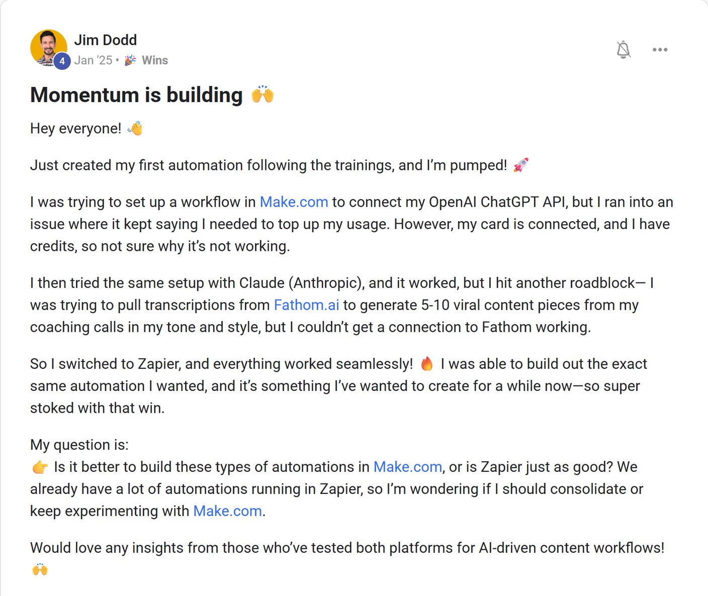 Skool post by Jim Dodd about Zapier: Creating content from coaching-call transcripts