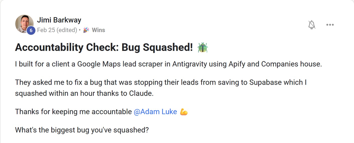 Skool post by Jimi Barkway about Apify: Building a client lead scraper