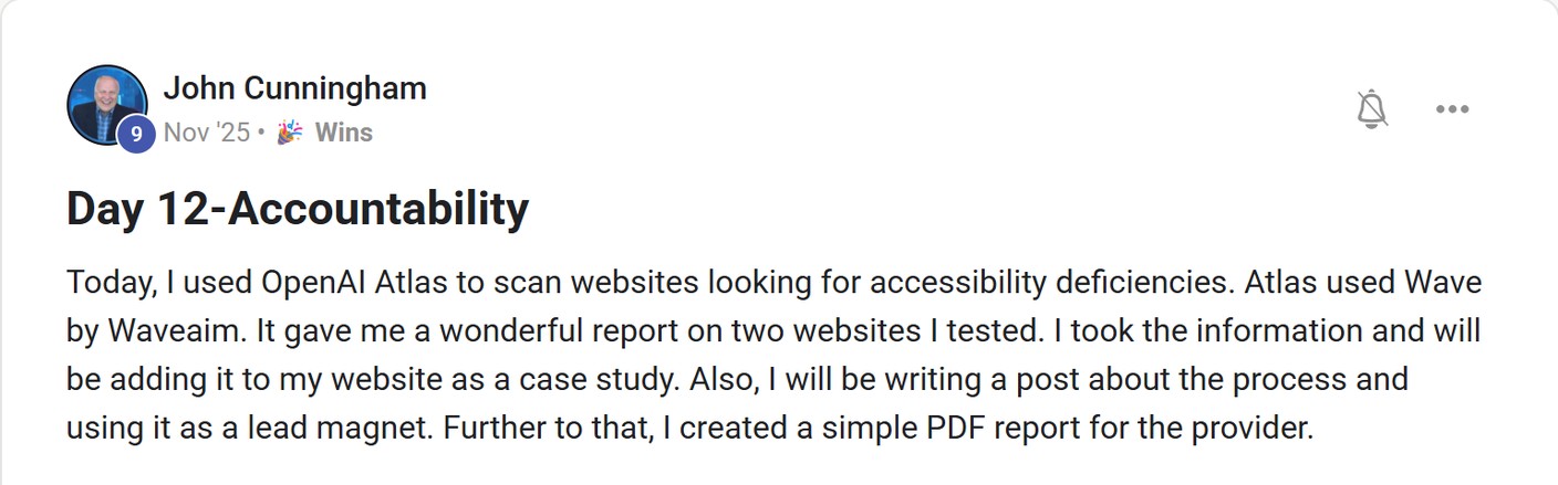 Skool post by John Cunningham about OpenAI: Checking websites for accessibility issues