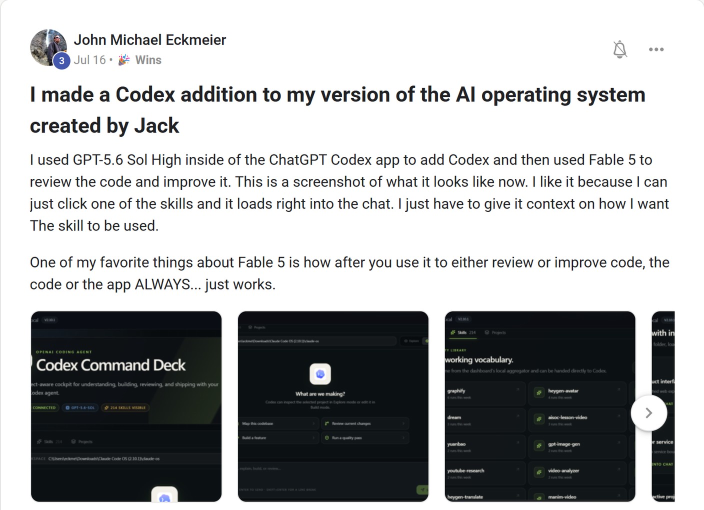 Skool post by John Michael Eckmeier about OpenAI: Adding a Codex interface to an AI workspace