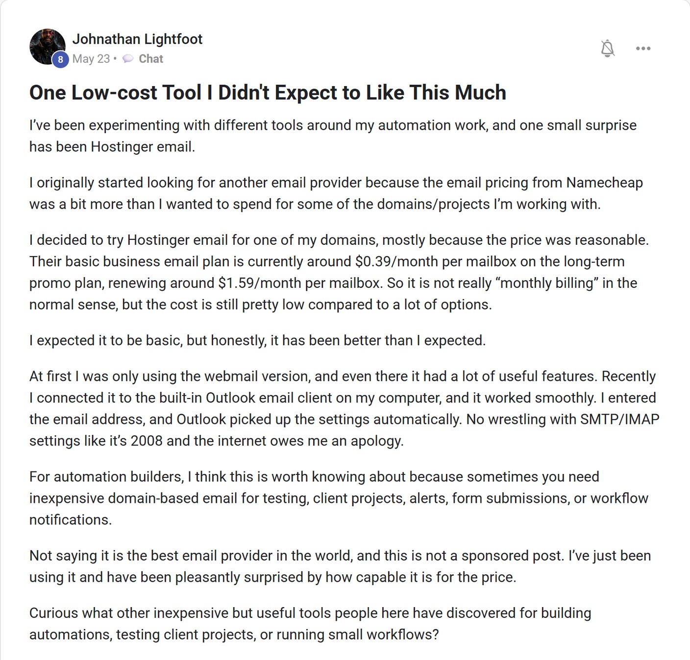 Skool post by Johnathan Lightfoot about Hostinger: Connecting Hostinger email to Outlook