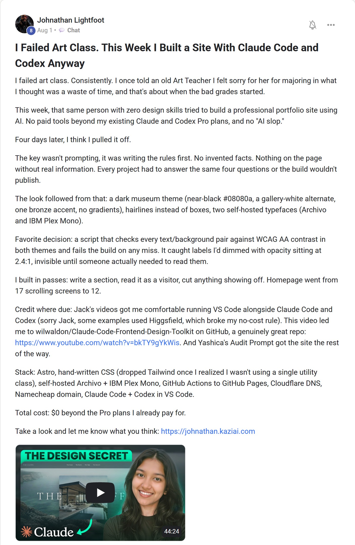Skool post by Johnathan Lightfoot about OpenAI: Building a portfolio using Claude Code and Codex