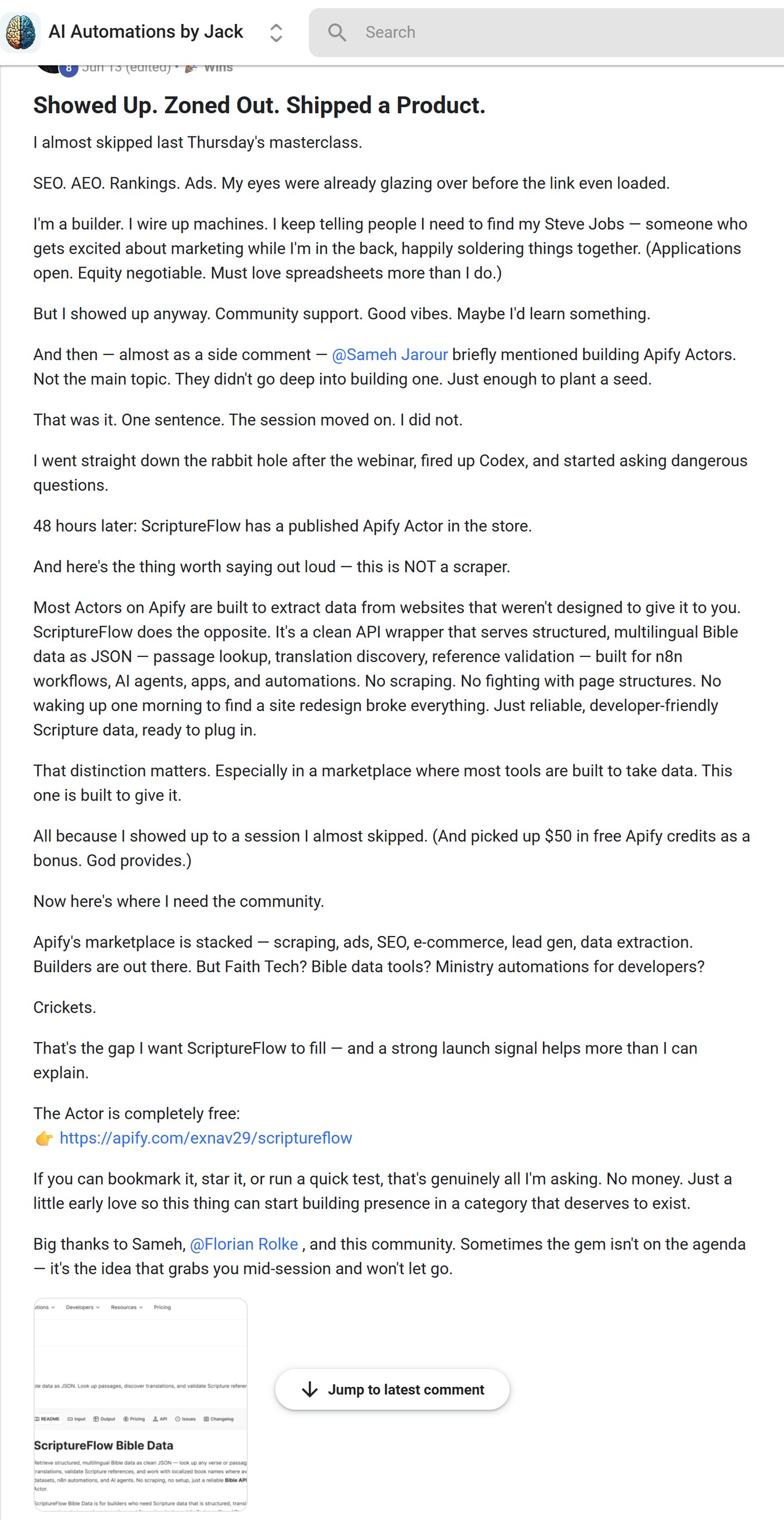 Skool post by Johnathan Lightfoot about Apify: Publishing an Actor after the masterclass