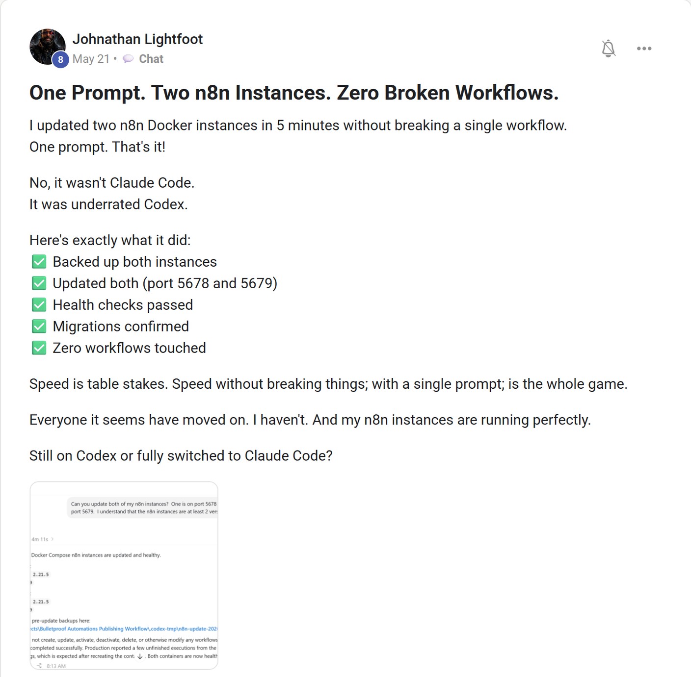 Skool post by Johnathan Lightfoot about OpenAI: Updating Docker instances with Codex