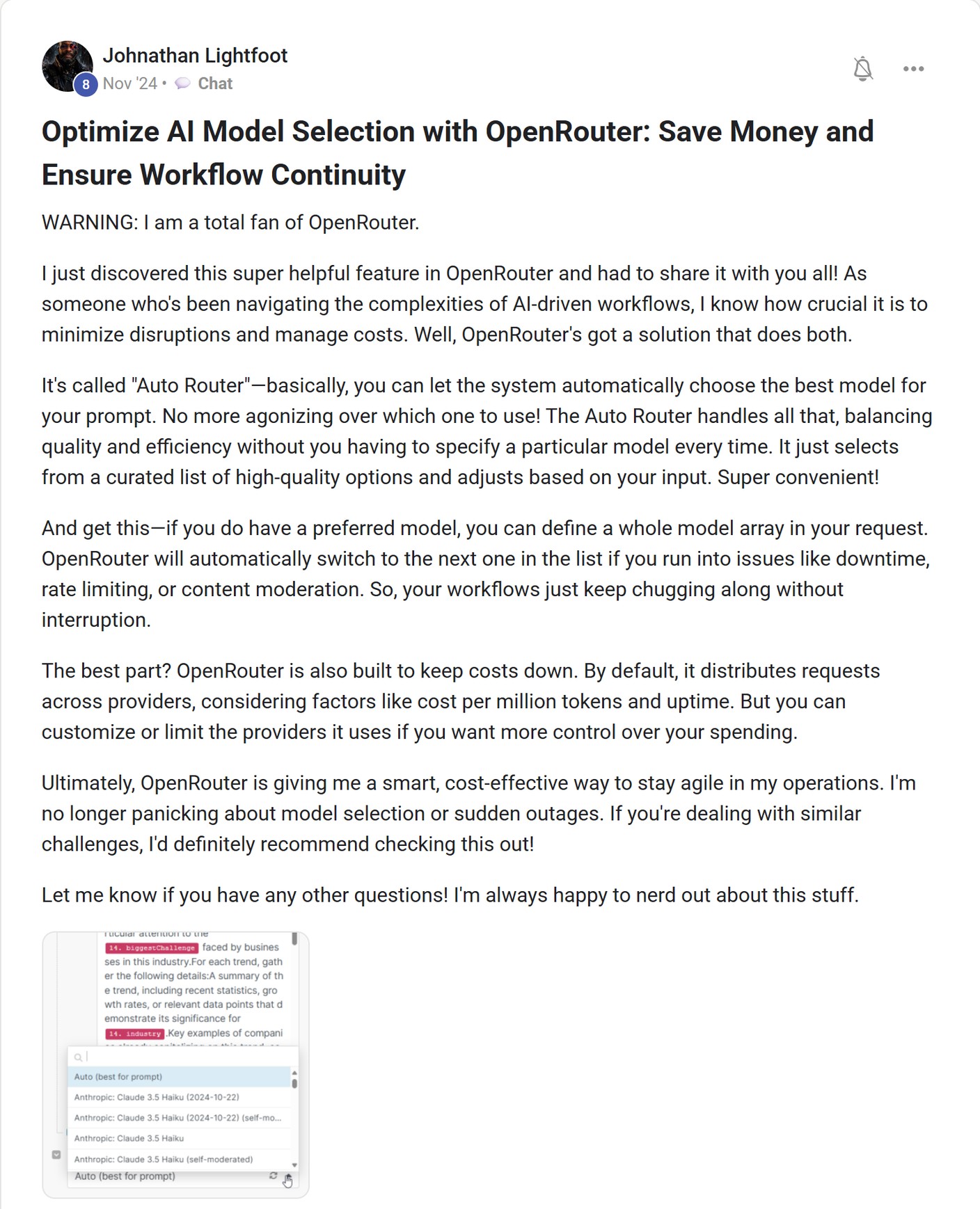 Skool post by Johnathan Lightfoot about OpenRouter: Model routing and workflow continuity