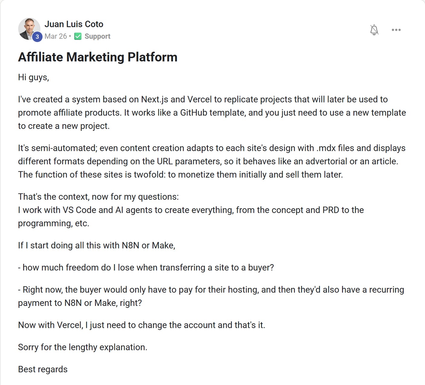 Skool post by Juan Luis Coto about Vercel: Creating reusable affiliate sites