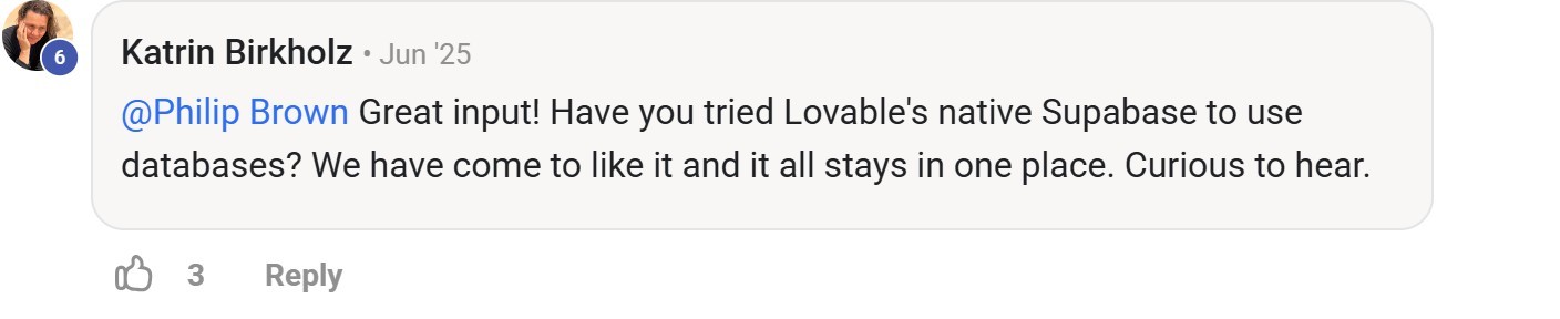 Skool comment by Katrin Birkholz about Supabase: Using Lovable's native Supabase integration