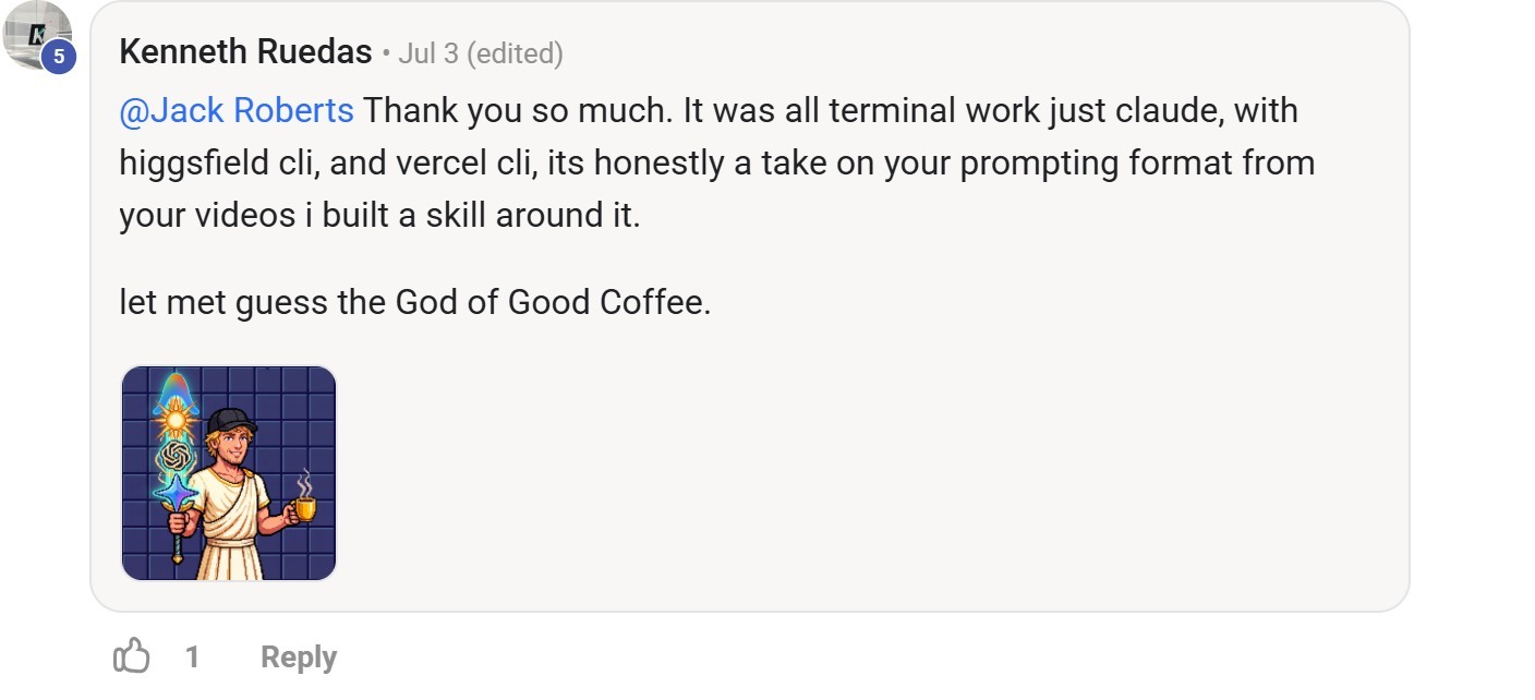 Skool comment by Kenneth Ruedas about Higgsfield: Building a website through terminal tools