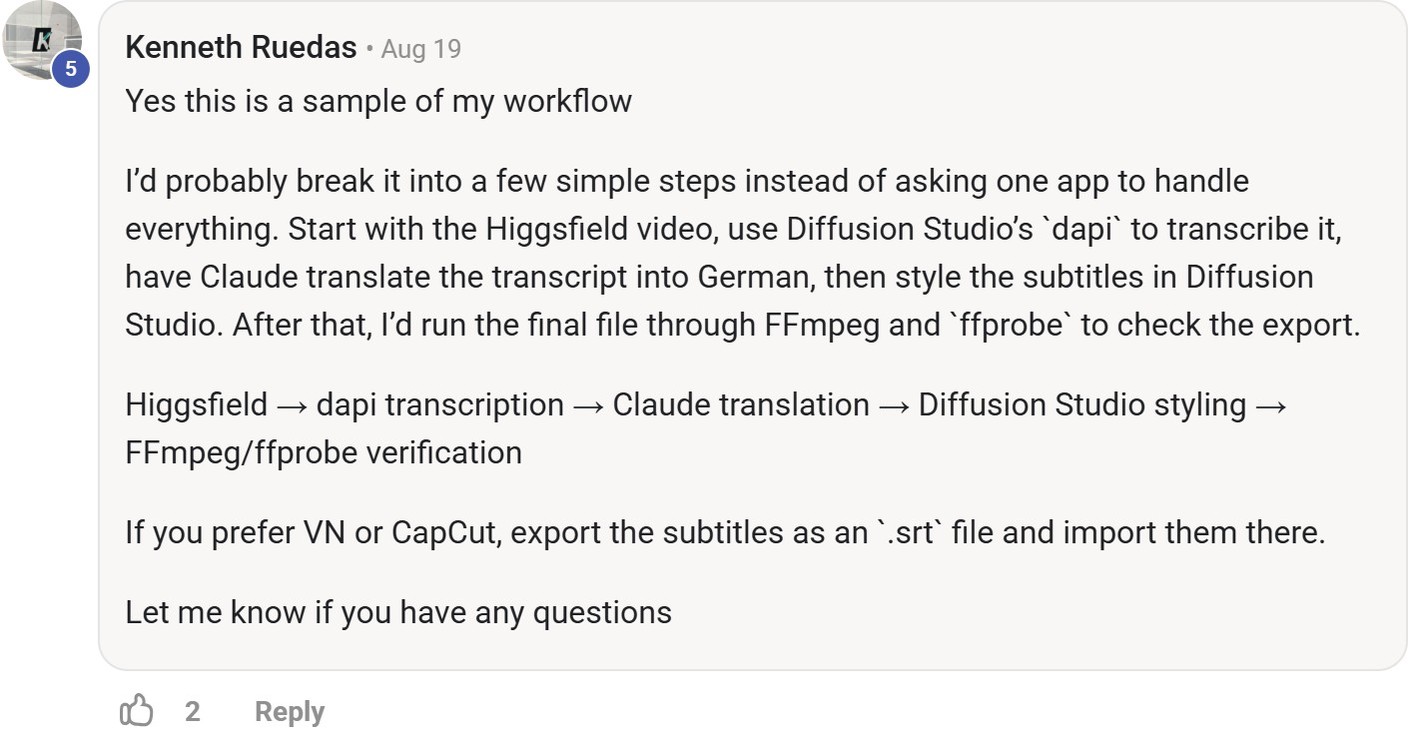 Skool comment by Kenneth Ruedas about Higgsfield: Creating and translating a video