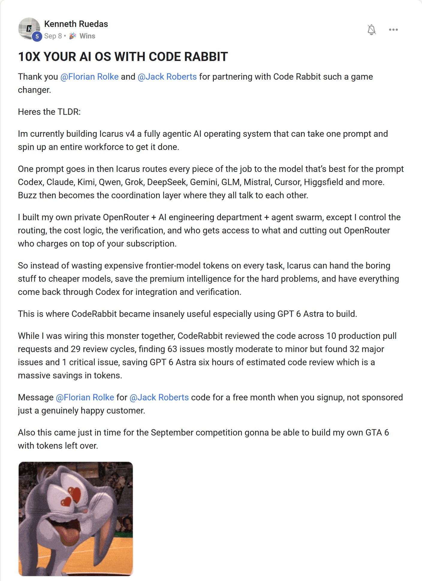 Skool post by Kenneth Ruedas about CodeRabbit: Code review in a member’s AI build