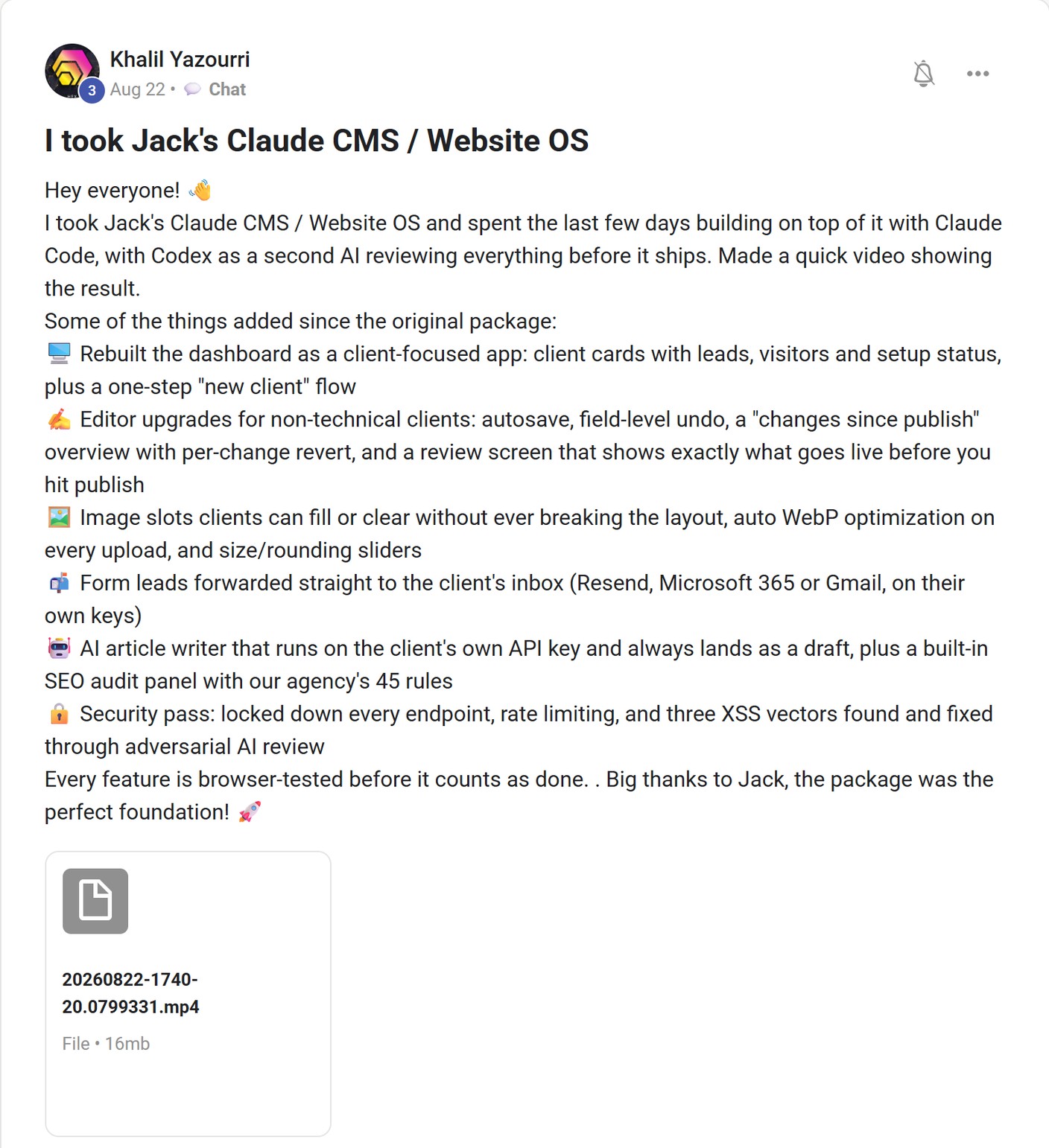 Skool post by Khalil Yazourri about OpenAI: Reviewing changes to a client website system