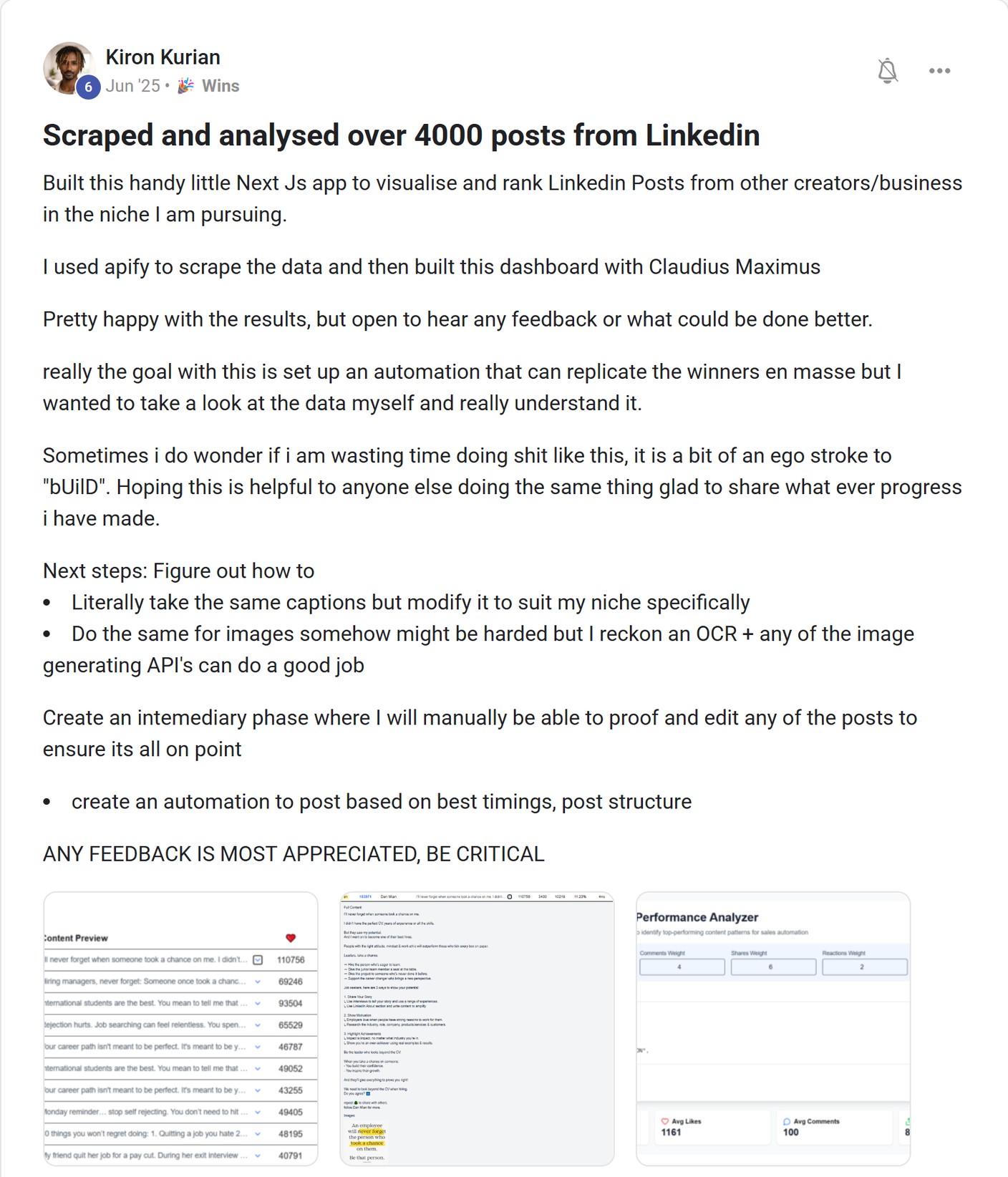 Skool post by Kiron Kurian about Apify: Analyzing more than 4,000 LinkedIn posts