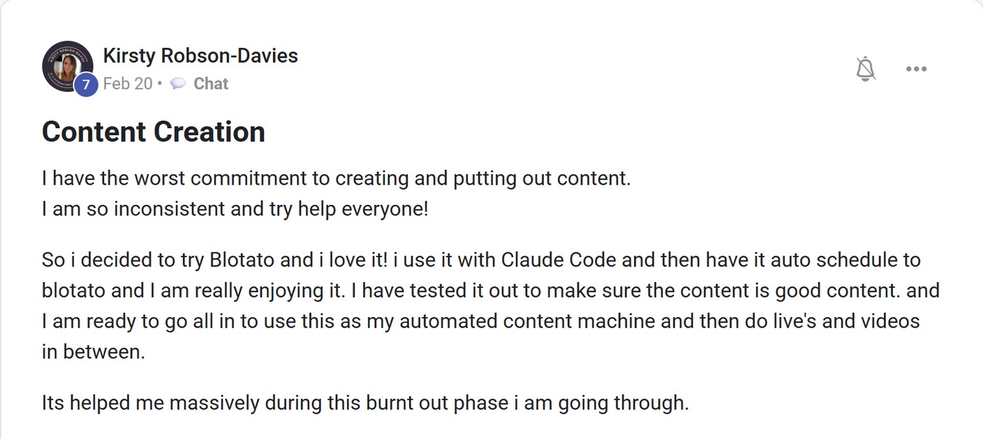 Skool post by Kirsty Robson-Davies about Blotato: Automating content scheduling