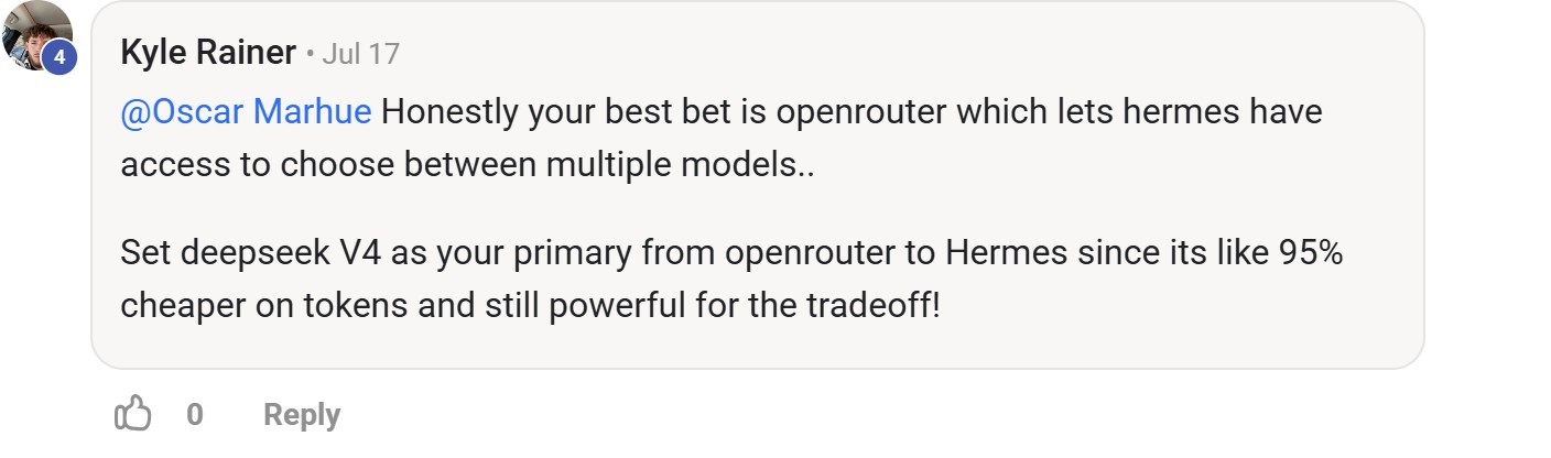 Skool comment by Kyle Rainer about OpenRouter: Choosing models for Hermes