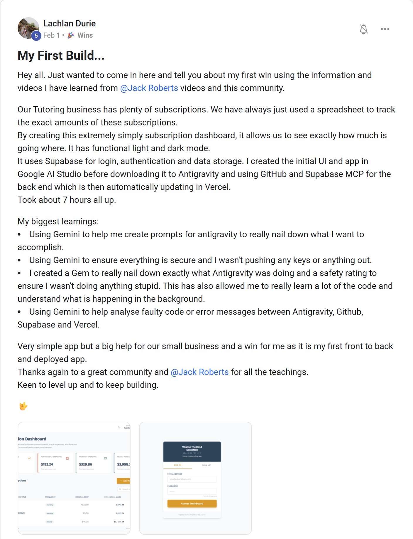Skool post by Lachlan Durie about Vercel: Deploying a subscription dashboard