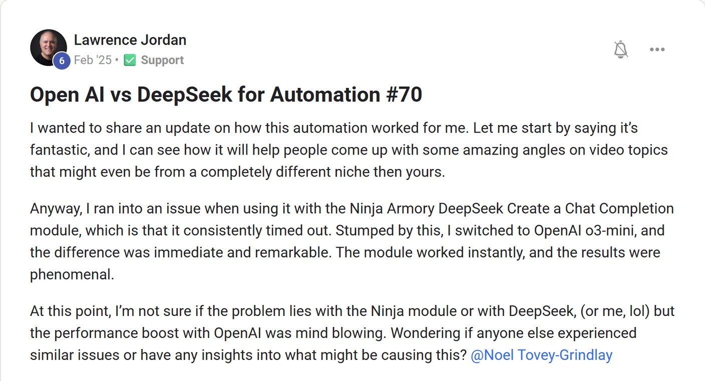 Skool post by Lawrence Jordan about OpenAI: Using o3-mini in a video ideas automation