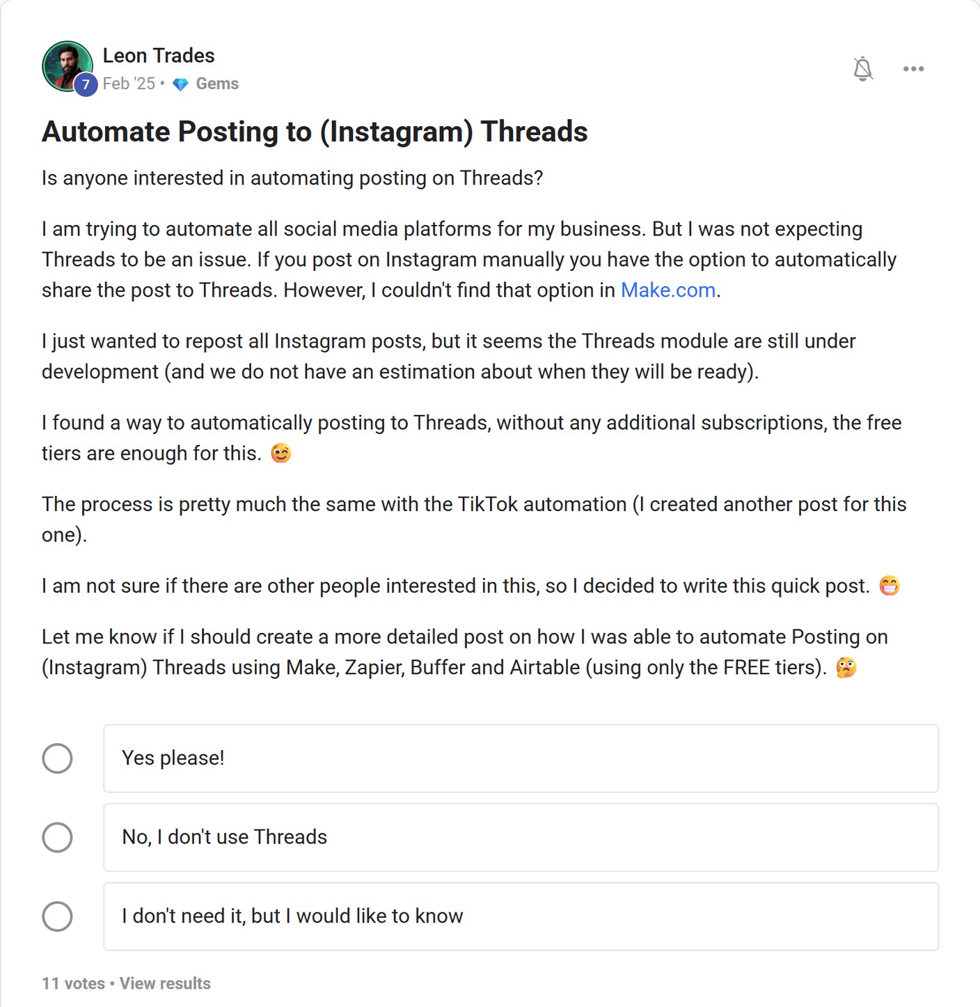Skool post by Leon Ofm about Zapier: Posting to Threads with free tool tiers