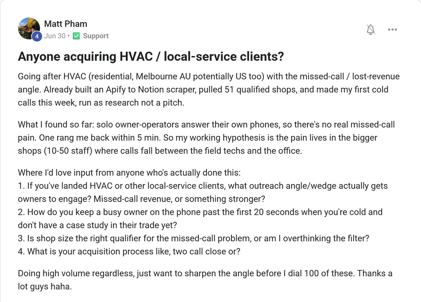 Skool post by Matt Pham about Apify: Researching local service businesses