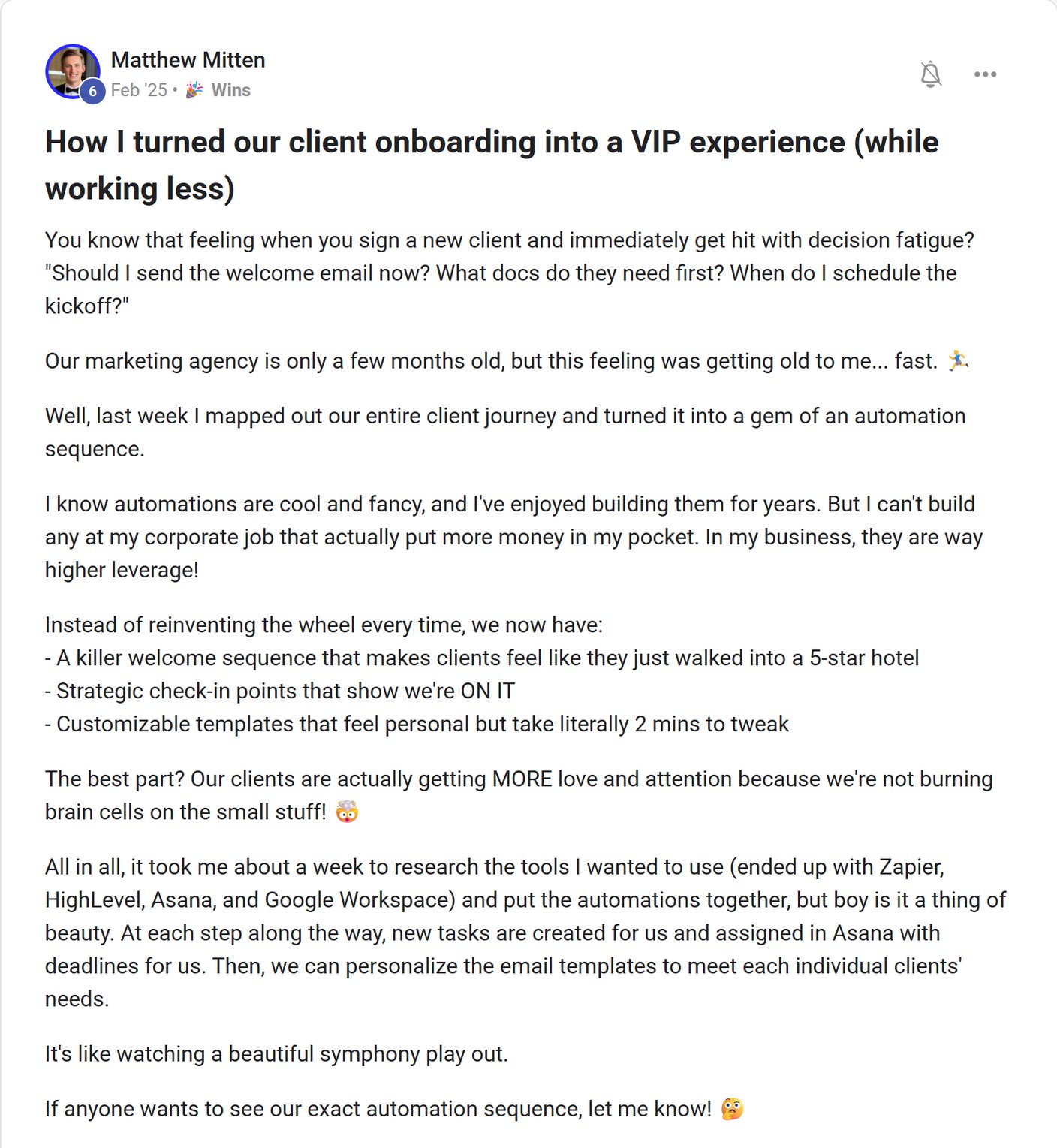 Skool post by Matthew Mitten about Zapier: A client onboarding workflow using Zapier