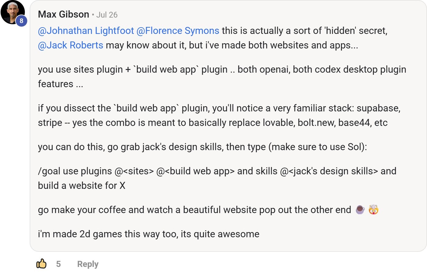 Skool comment by Max Gibson about OpenAI: Building websites, apps, and 2D games