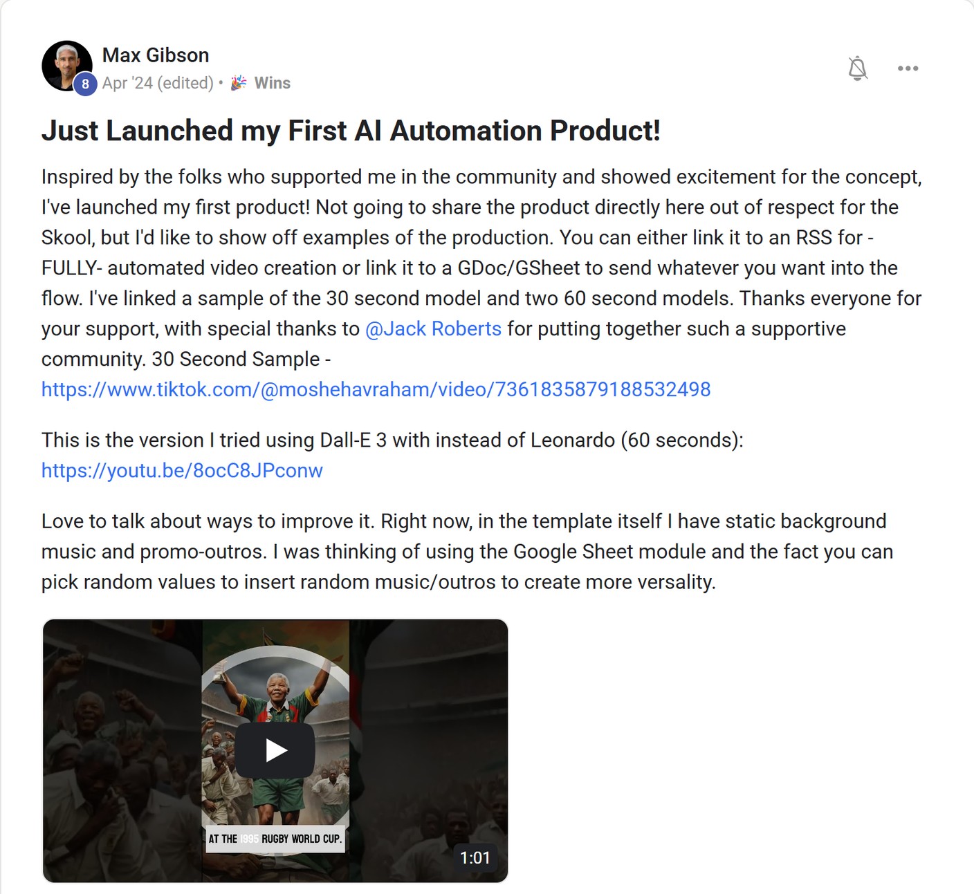 Skool post by Max Gibson about OpenAI: Trying DALL-E 3 in a video automation