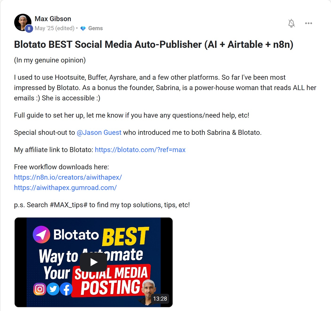 Skool post by Max Gibson about Blotato: Comparing social publishing tools