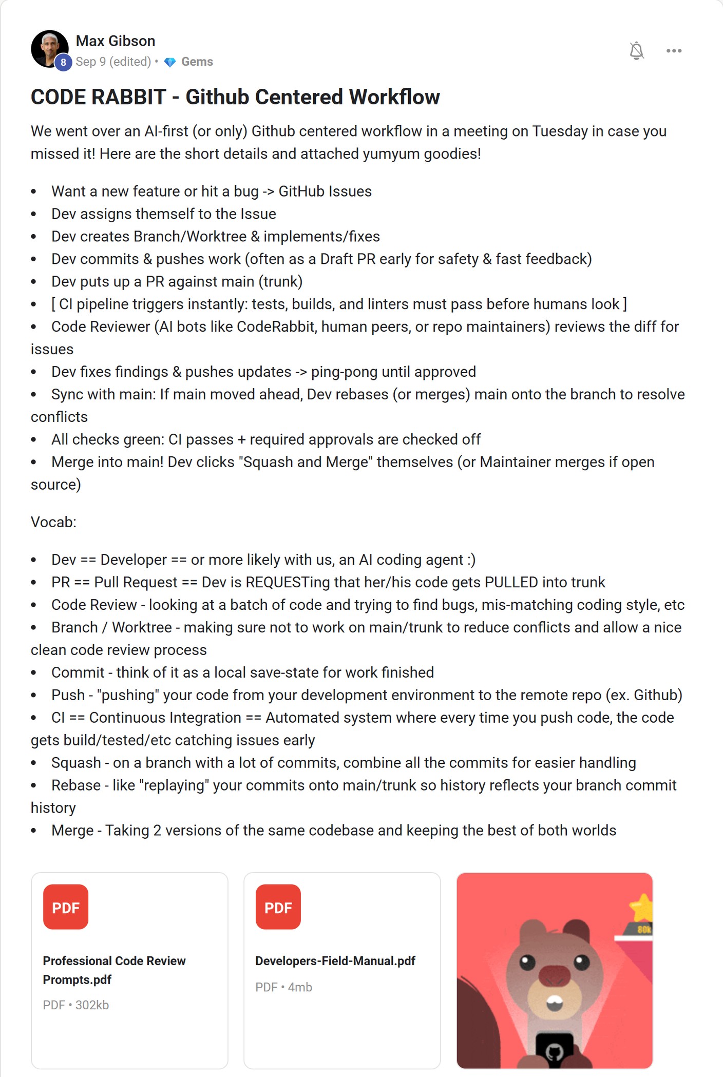 Skool post by Max Gibson about CodeRabbit: CodeRabbit in a GitHub review workflow