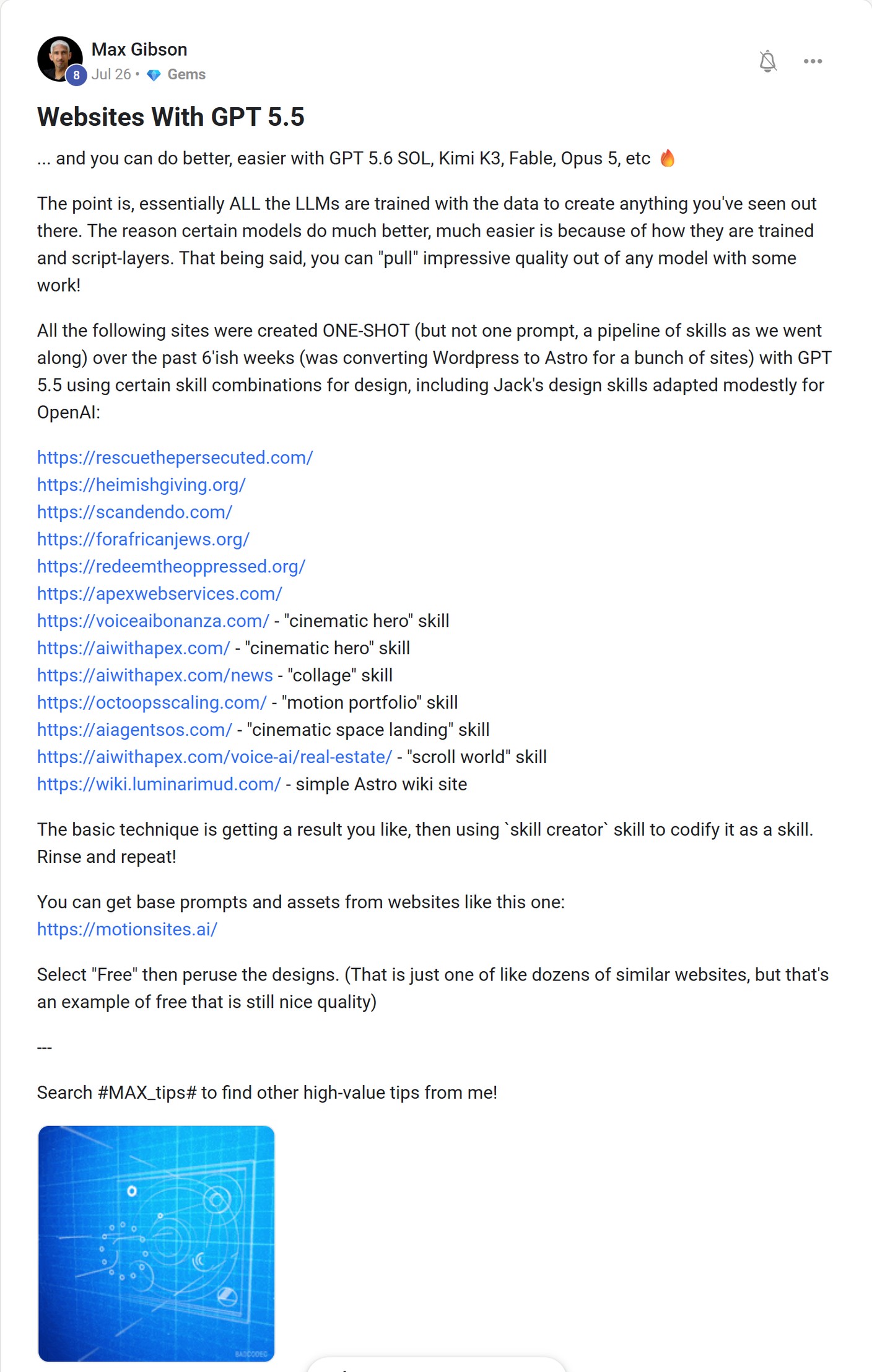 Skool post by Max Gibson about OpenAI: Creating websites with GPT design skills