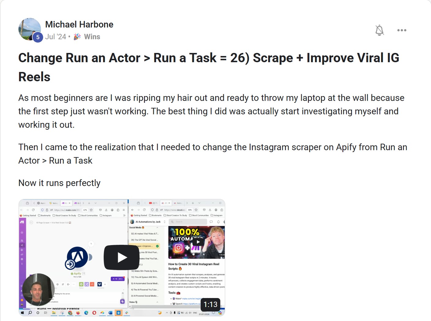 Skool post by Michael Harbone about Apify: Fixing an Instagram scraper workflow