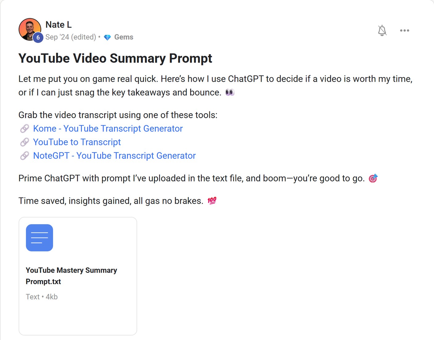 Skool post by Nate L about OpenAI: Summarizing videos before deciding what to watch