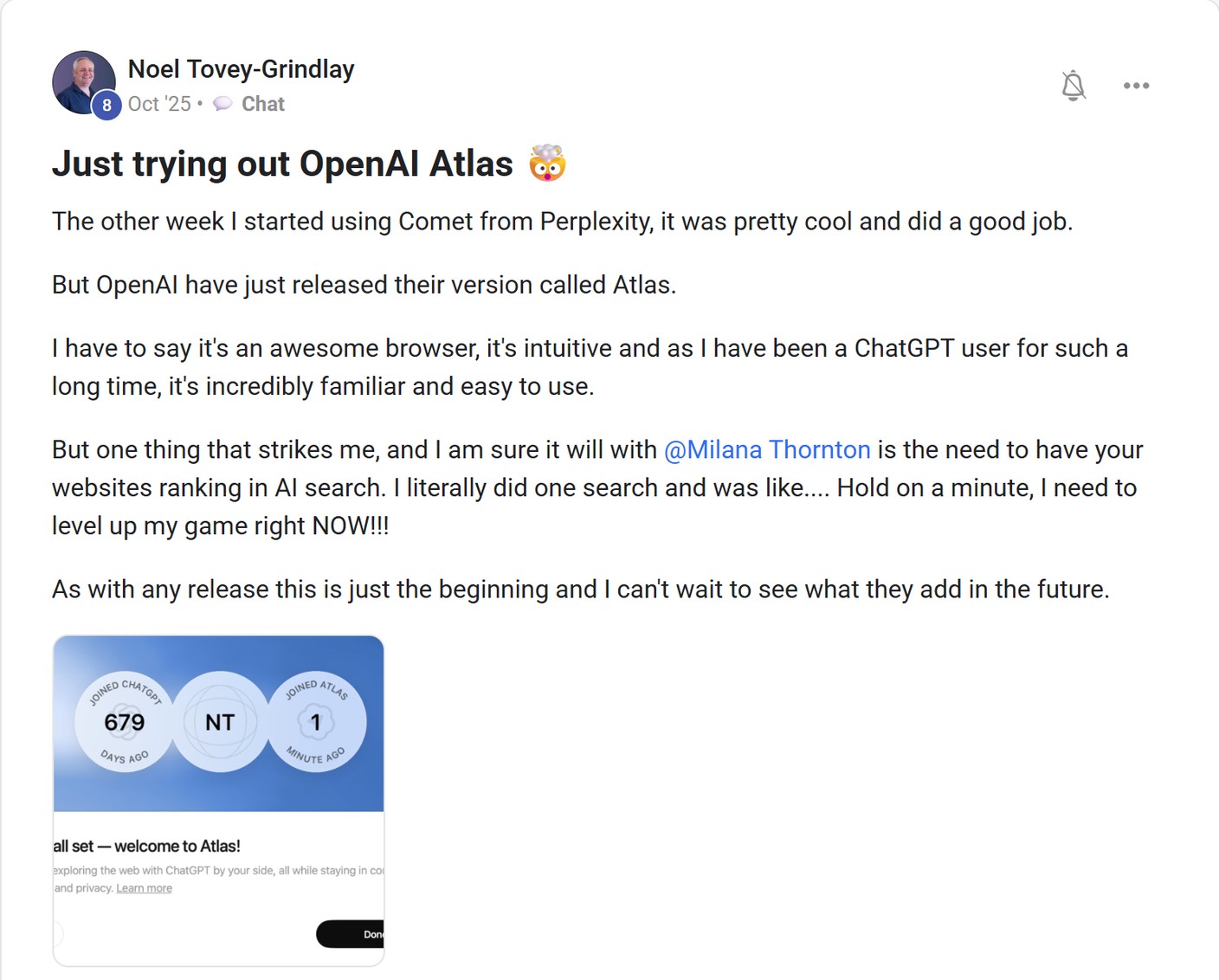 Skool post by Noel Tovey-Grindlay about OpenAI: Trying the OpenAI Atlas browser