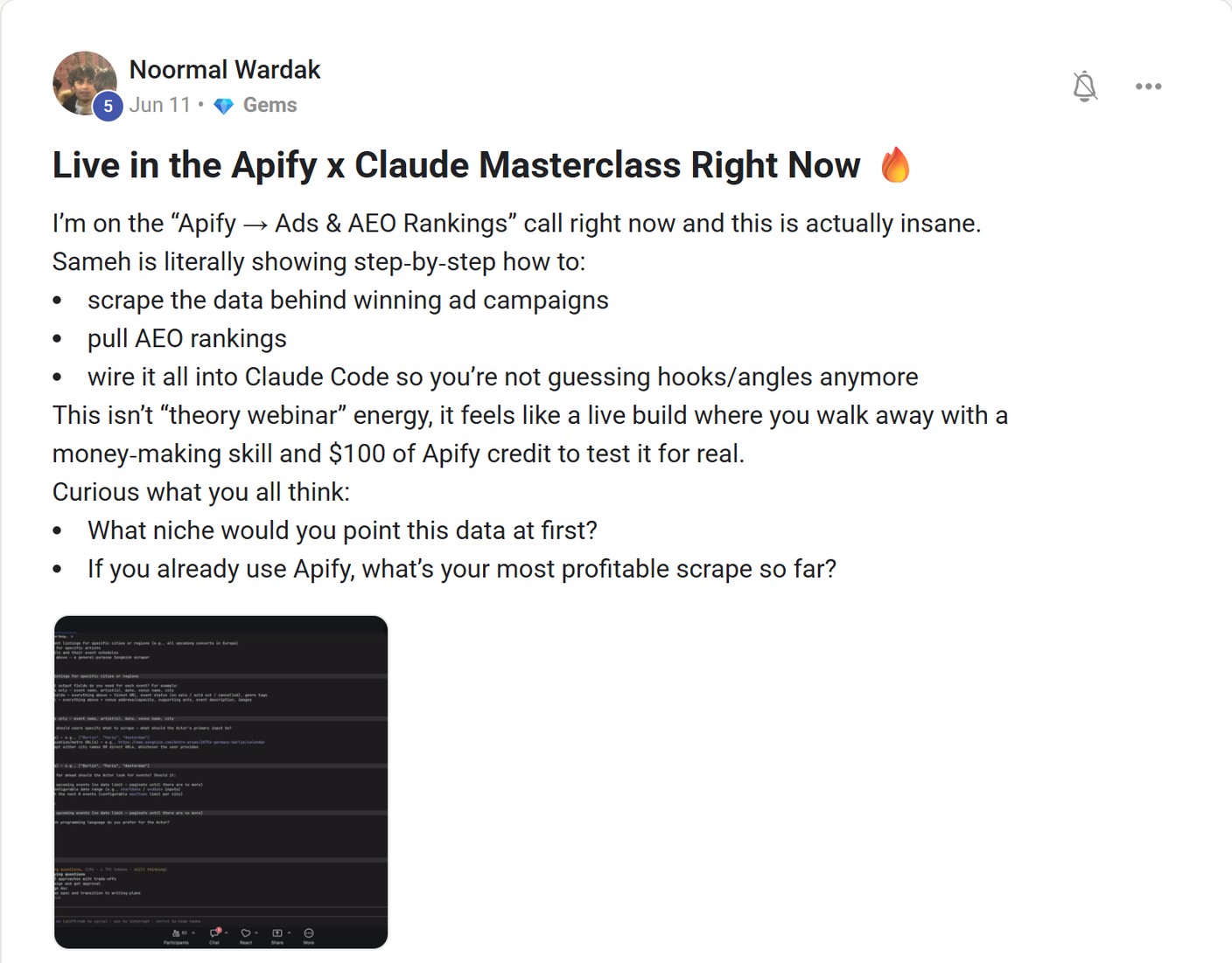 Skool post by Noormal Wardak about Apify: Watching the Apify masterclass live