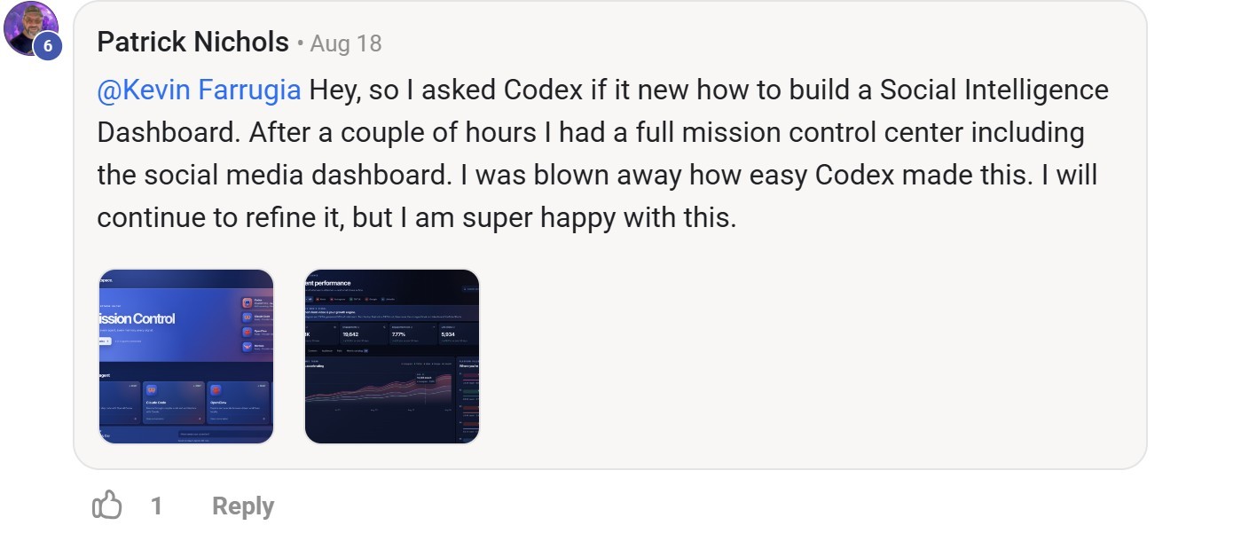 Skool comment by Patrick Nichols about OpenAI: Building a social intelligence dashboard