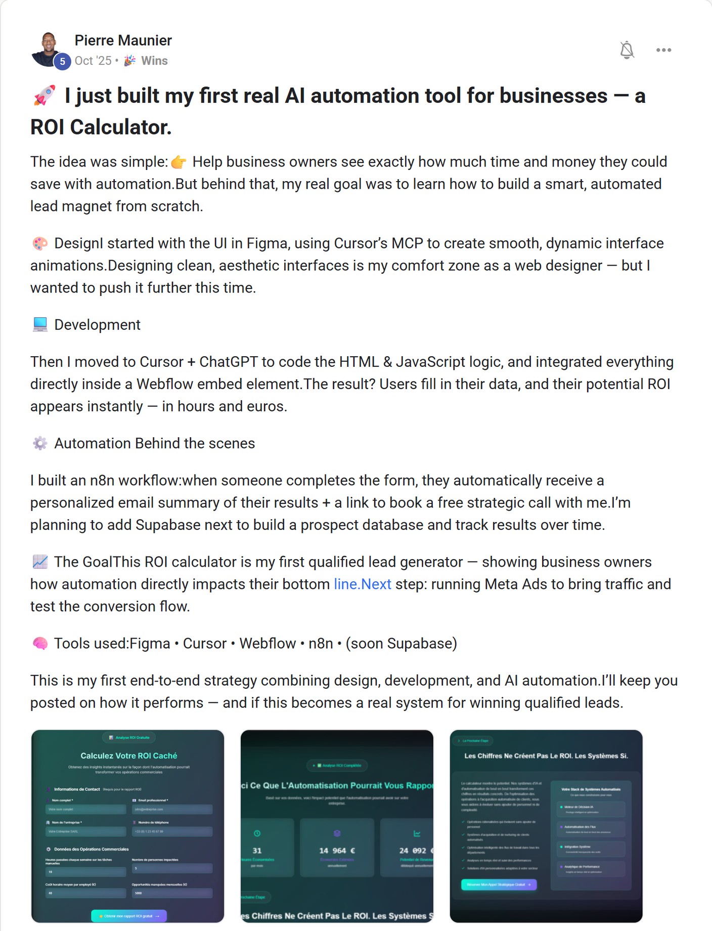 Skool post by Pierre Maunier about Figma: Designing a business ROI calculator
