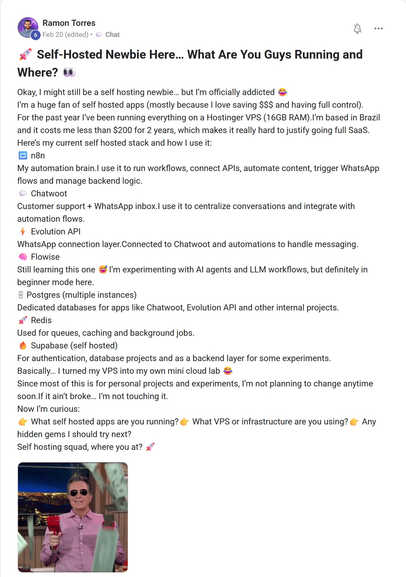 Skool post by Ramon Torres about Hostinger: Running a self-hosted automation lab