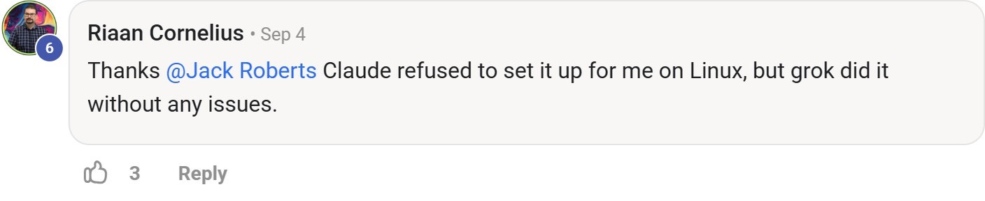 Skool comment by Riaan Cornelius about xAI: Setting up a coding harness on Linux