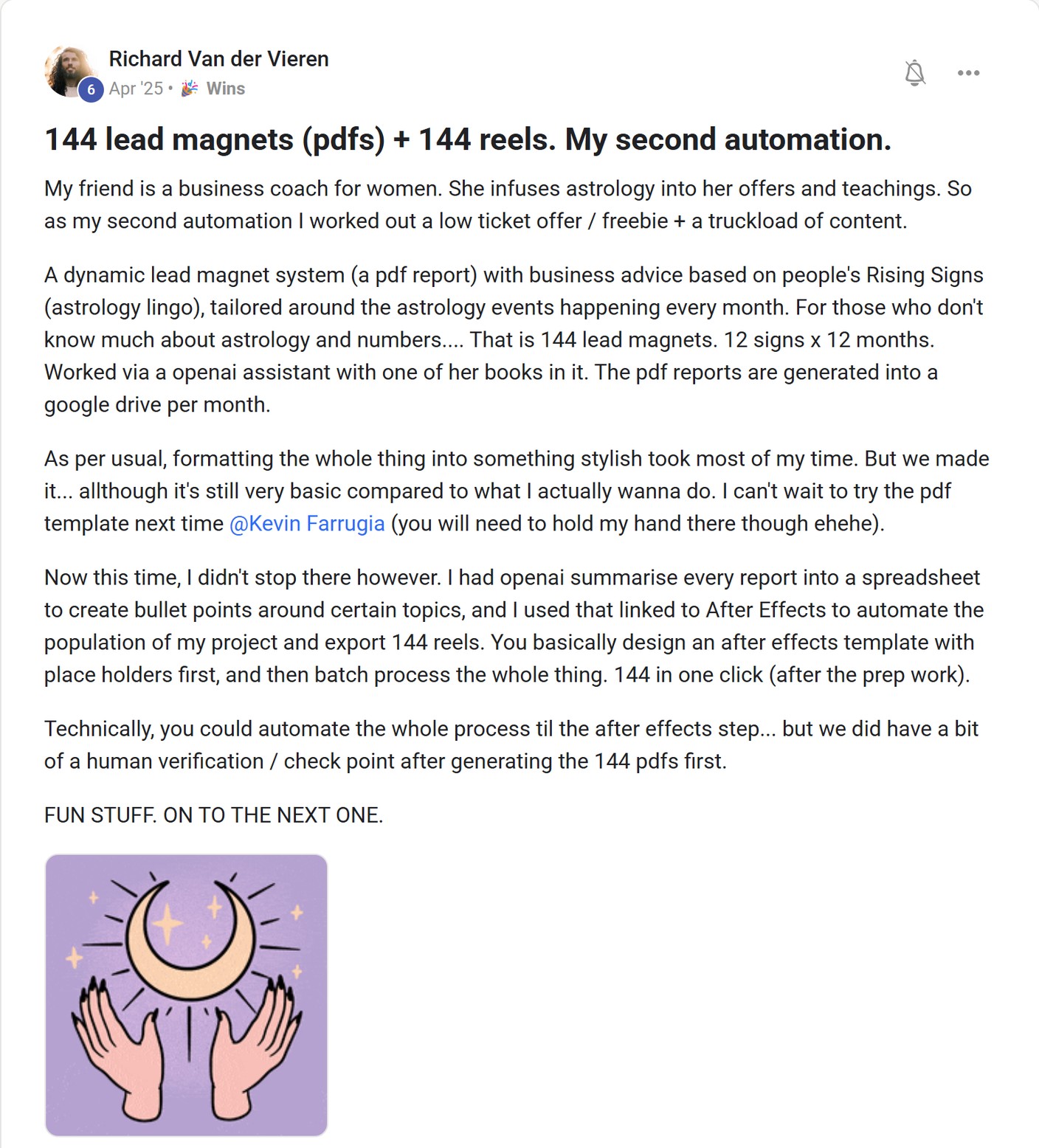 Skool post by Richard Van der Vieren about OpenAI: Summarizing reports for lead magnets and reels