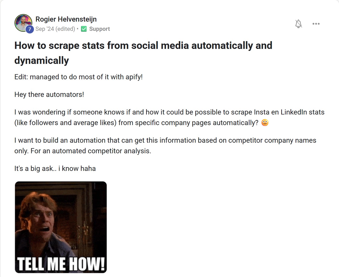 Skool post by Rogier Helvensteijn about Apify: Automating social media competitor analysis