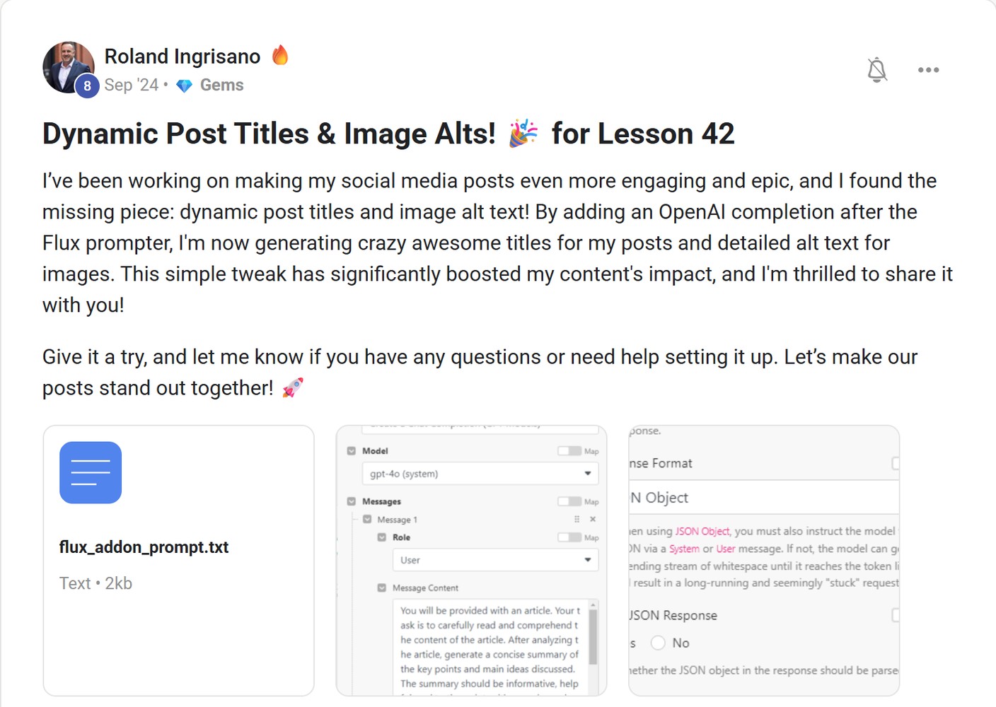 Skool post by Roland Ingrisano about OpenAI: Generating post titles and image alt text