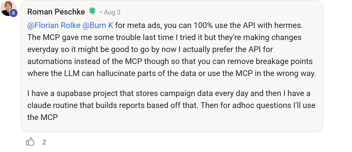 Skool comment by Roman Peschke about Supabase: Storing campaign data for routine reports