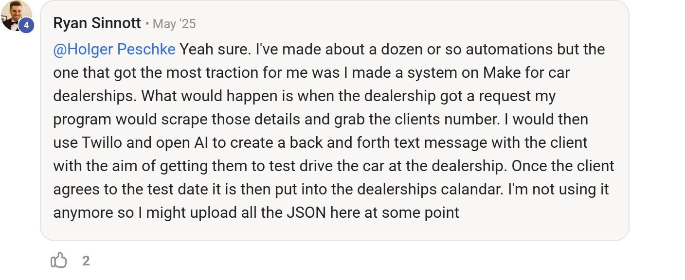 Skool comment by 4 about OpenAI: Automating car dealership test drive inquiries