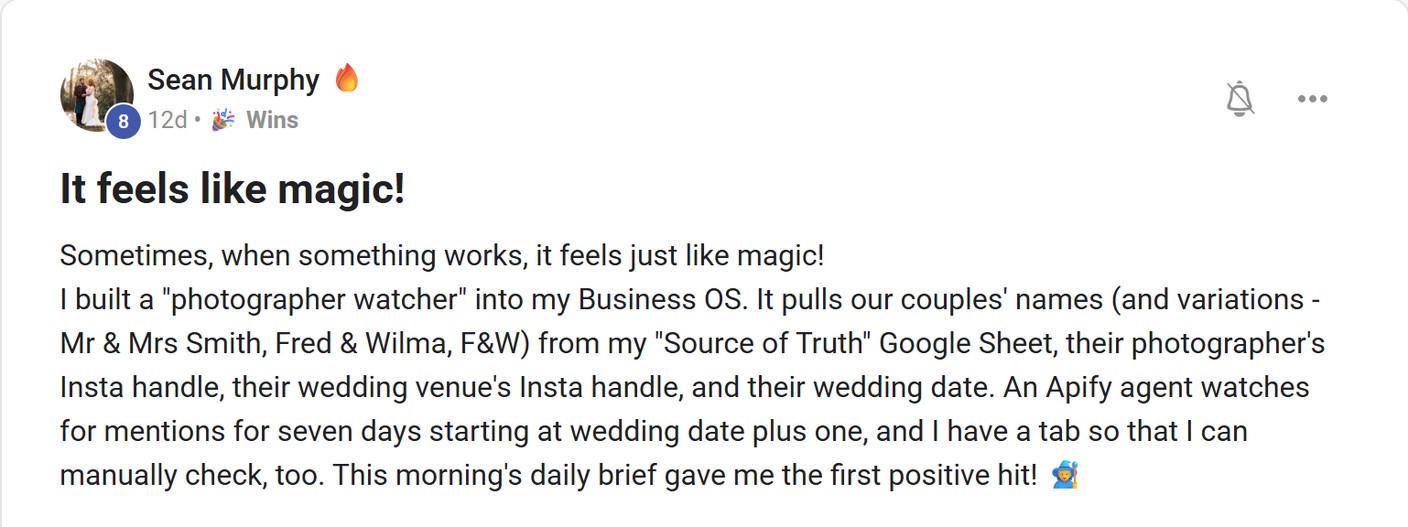 Skool post by Sean Murphy about Apify: Monitoring wedding photography mentions