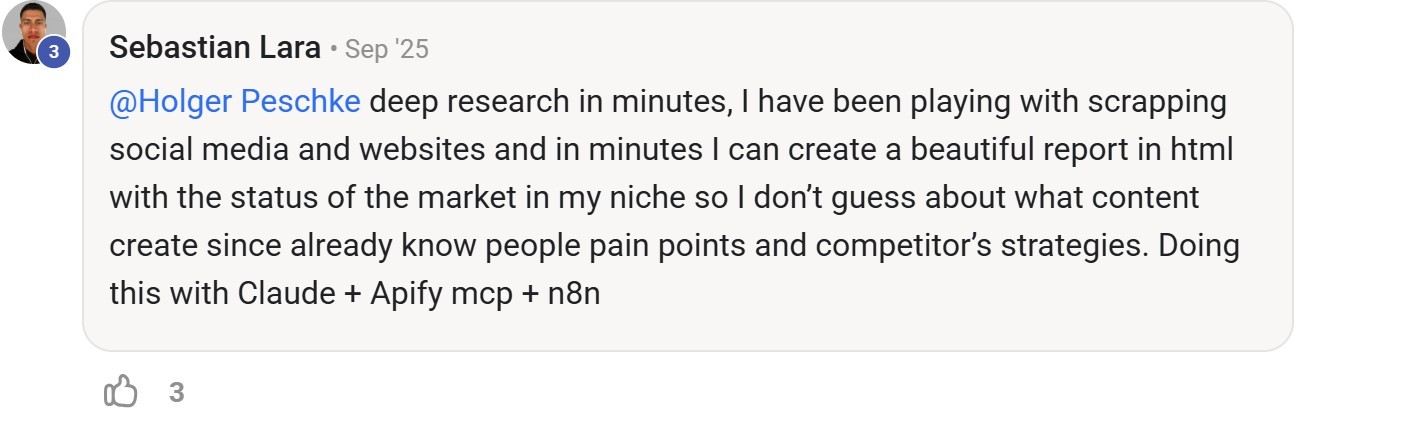 Skool comment by Sebastian Lara about Apify: Niche research and market reports