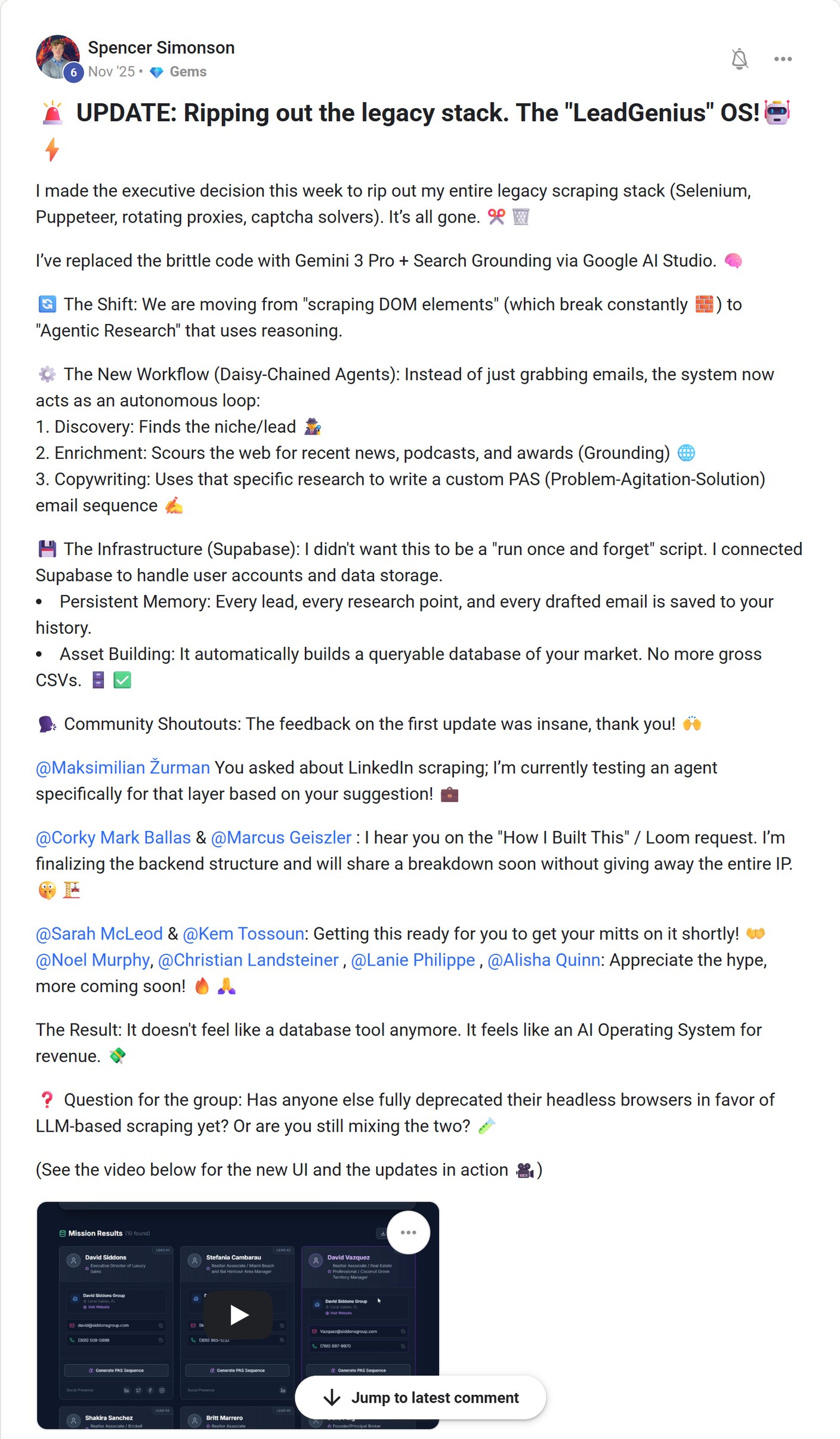 Skool post by Spencer Simonson about Supabase: Saving lead research and email history