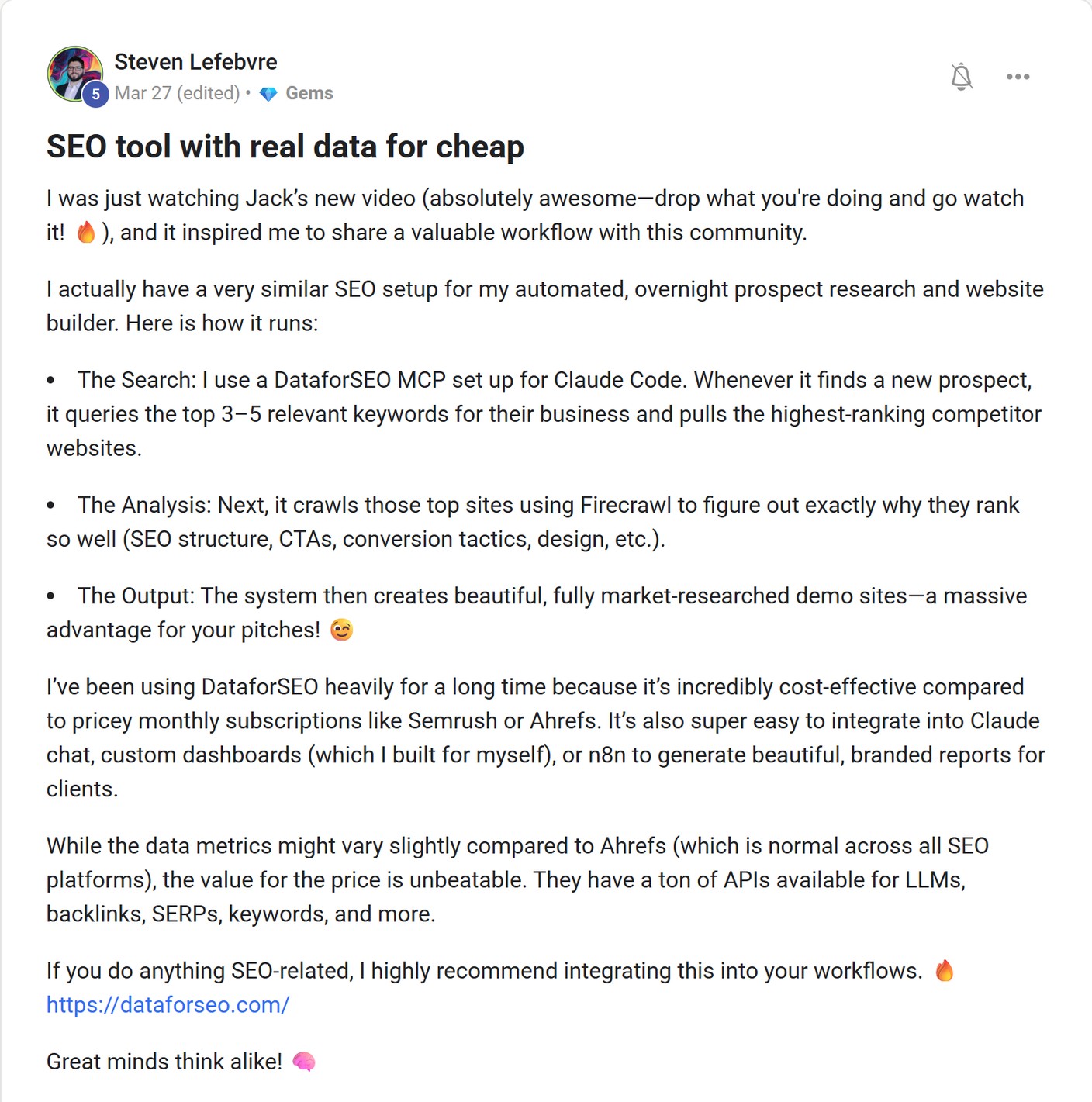 Skool post by Steven Lefebvre about Firecrawl: Researching competitors for demo websites