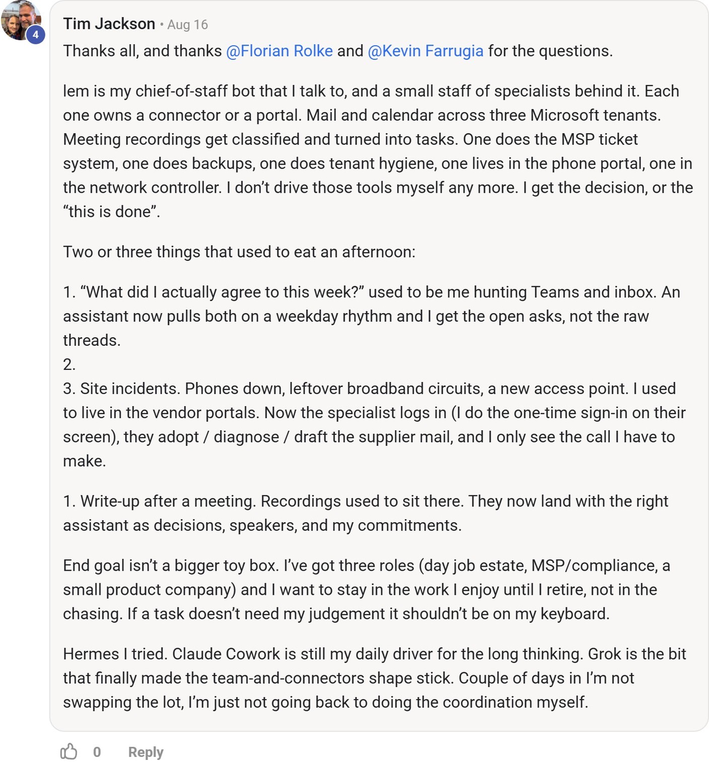 Skool comment by Tim Jackson about xAI: Coordinating business assistants and connectors