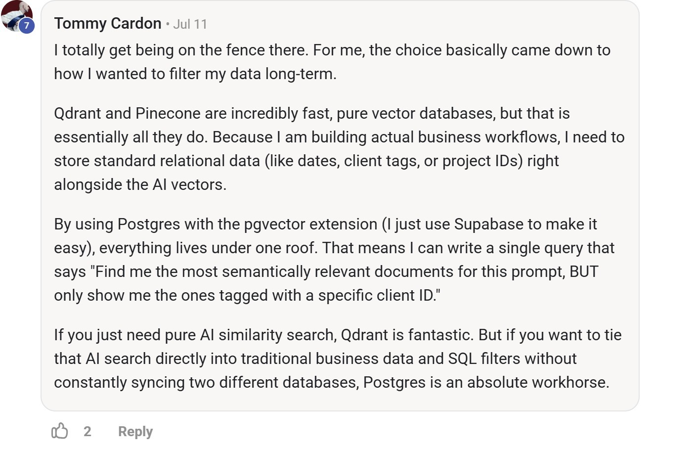 Skool comment by Tommy Cardon about Supabase: Combining relational data and AI vectors